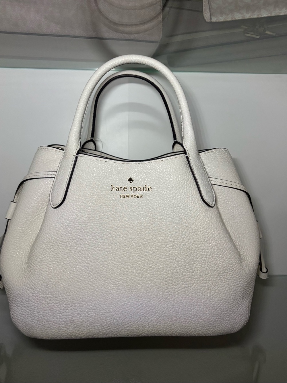 kate spade White Pebbled Leather Satchel with Gold Logo